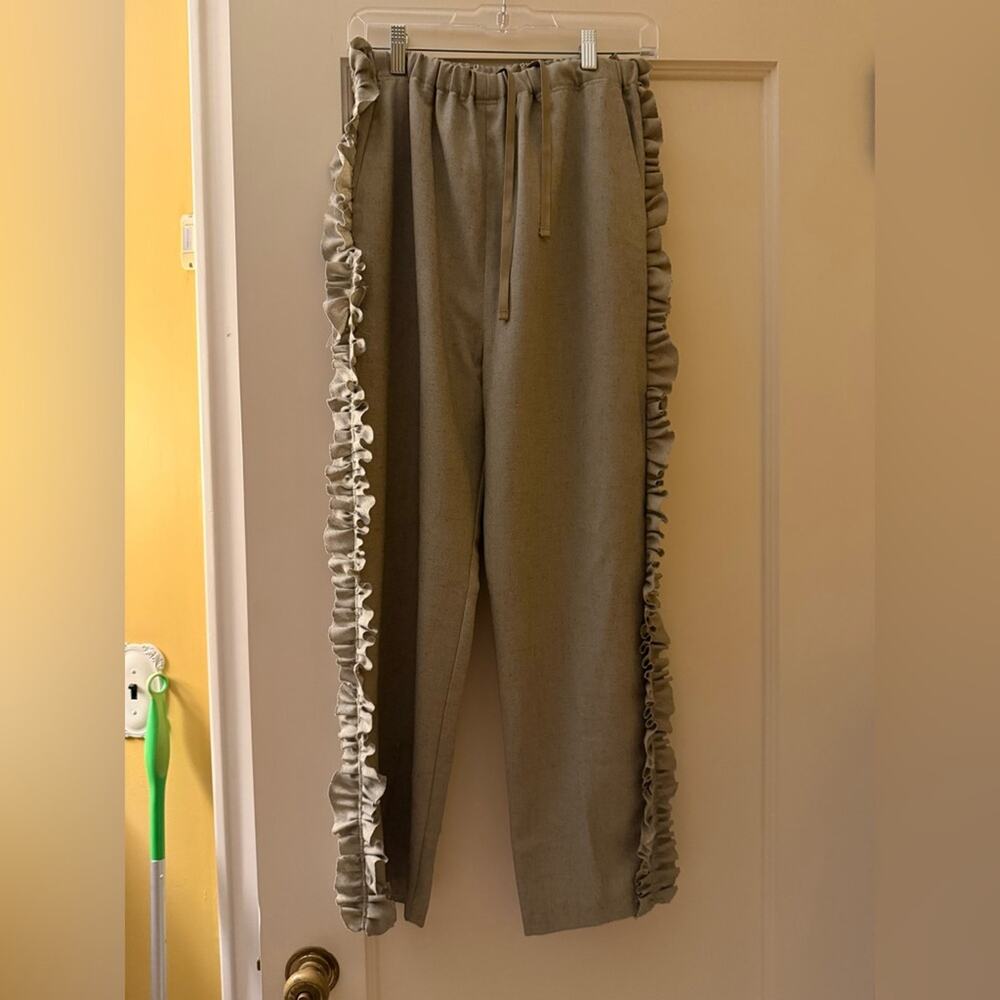 Rhodolirion Oatmeal linen pants with side ruffle elastic waist S NWOT